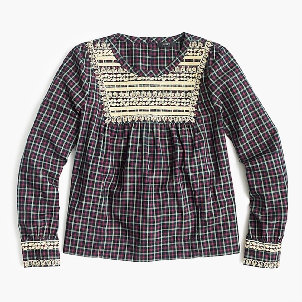 jcrew embroidered peasant top in plaid wore once.
